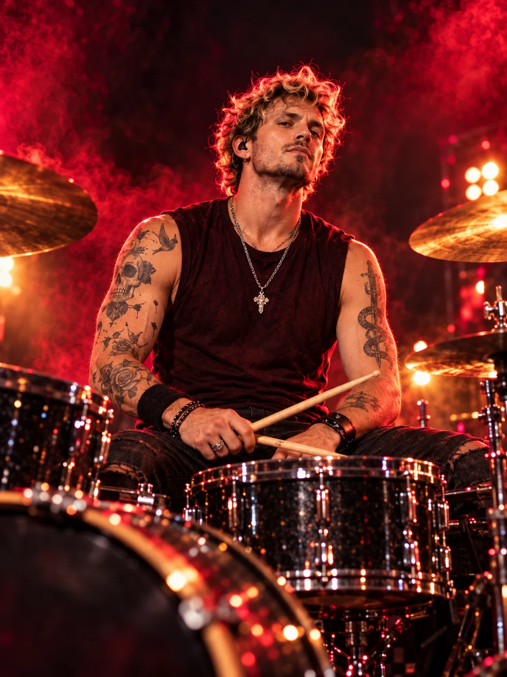Finn Mercer, SCARFLARE's fictional drummer, seated at an acoustic drum kit