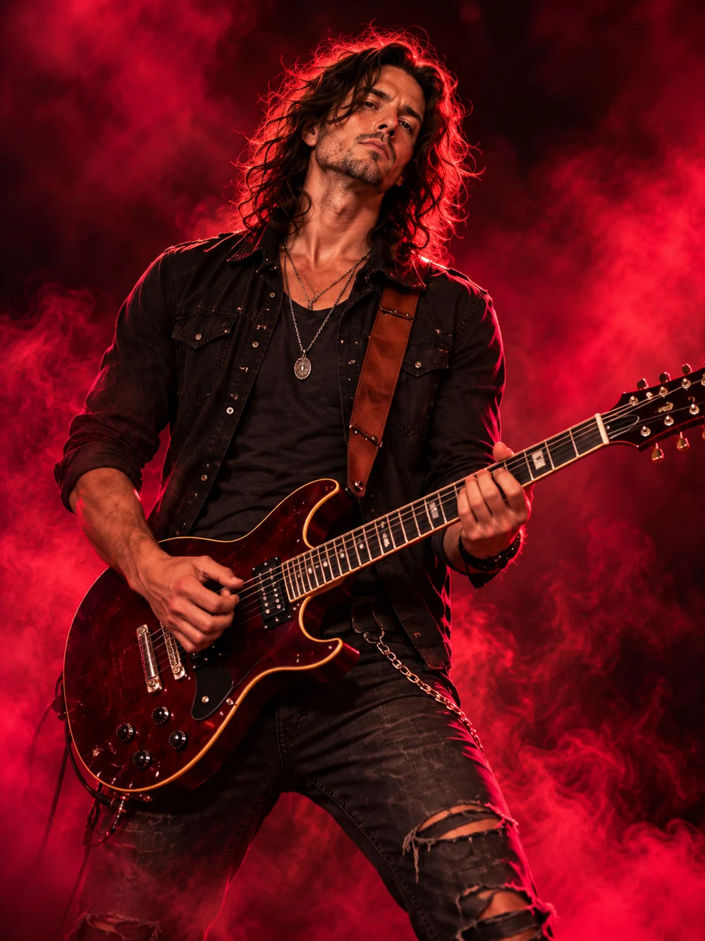 Rowan Vale, SCARFLARE's fictional guitarist, holding a burgundy electric guitar